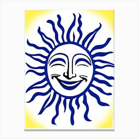 Smiling Sun Symbol Blue And White Line Drawing Canvas Print