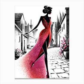 Fashion Girl In Red Dress Canvas Print
