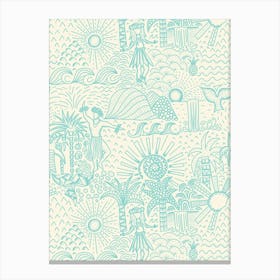 Hawaiian Toile Polynesian Hula Dance Tropical Landscape Aqua Blue Cream White Canvas Print