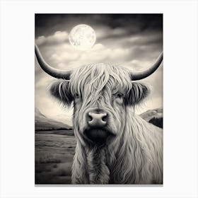 Black & White Illustration Of Highland Cow With The Moonlight Canvas Print