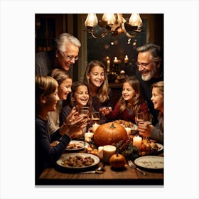 Candid Style Photo Of A Family Gathering Around A Thanksgiving Dinner Table Just Before The Prayer (1) Canvas Print