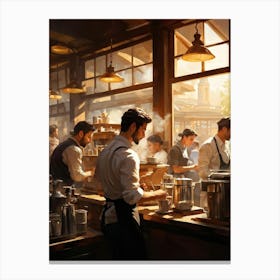 A Busy Cafe Scene Captured In Impressionist Style Barista Bustling Amidst The Morning Rush Meticul (2) Canvas Print