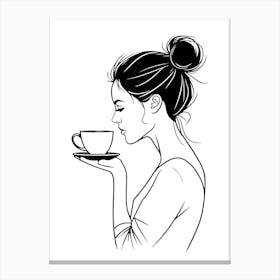 Woman Drinking Coffee Minimalist One Line Illustration Canvas Print