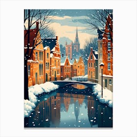 Winter Travel Night Illustration Bruges Belgium 1 Canvas Print