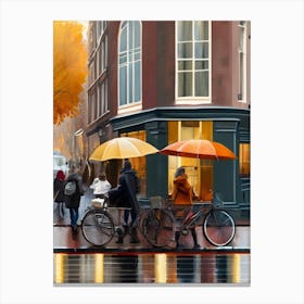 Amsterdam cafes, autumn season, rain, autumn oil colours.Faded colours,People passing on the street, winter clothes, rain umbrellas..9 1 Canvas Print