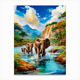 Elephants Crossing River Canvas Print