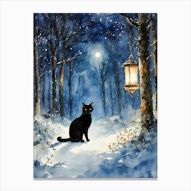 Black Cat In A Winter Forest at Twilight - Snow Christmas Yule Scene Snowy Lantern Trees - Witchy Witches Cats Lady Lovers Matisse Klimt Inspired Traditional Watercolor Home Room Art Wall Decor - Black Cat Travels Series by Lyra the Lavender Witch Canvas Print