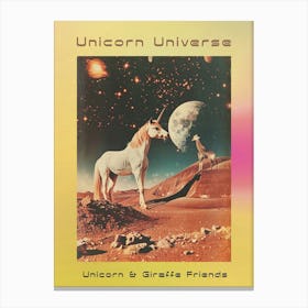 Unicorn & Giraffe In Space Retro Collage Poster Canvas Print
