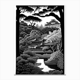 Ryoan Ji Garden, 1, Japan Linocut Black And White Vintage Canvas Print