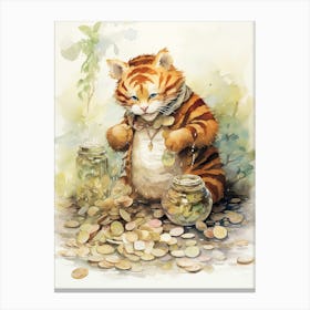 Tiger Illustration Collecting Coins Watercolour 2 Canvas Print