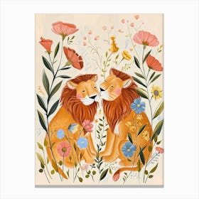 Folksy Floral Animal Drawing Lion Canvas Print