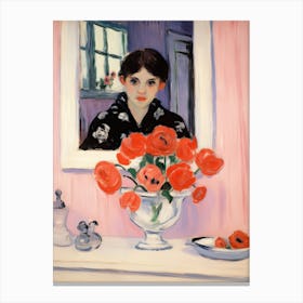 Woman In The Mirror Bathroom Vanity Painting With A Anemone Bouquet 2 Canvas Print