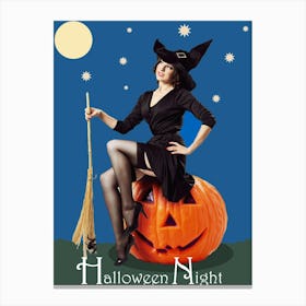 Pinup Witch On A Big Pumpkin At A Halloween Moon Canvas Print