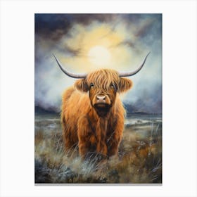 Watercolour Of Highland Cow In The Moonlight Canvas Print