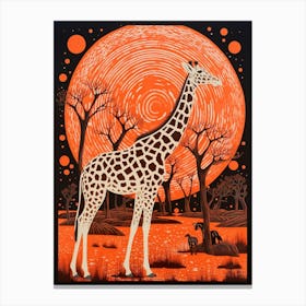 Orange Linocut Inspired Giraffe In The Sunset Canvas Print