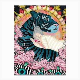 A woman sleeping on a tiger, surrounded of flowers and stars Canvas Print