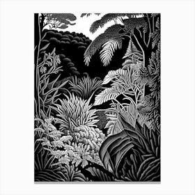Wellington Botanic Garden, New Zealand Linocut Black And White Vintage Canvas Print