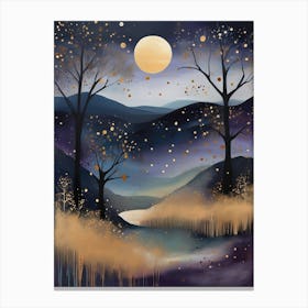 Cosmic Fall Night،
An ethereal boho painting that captures the beauty of a fall night sky. The background is a deep navy, speckled with tiny stars, while the foreground features silhouettes of autumn trees in shades of charcoal and dark olive. The moon is painted in a glowing silver, surrounded by soft wisps of mist in pale gold and lavender.
.1 Canvas Print