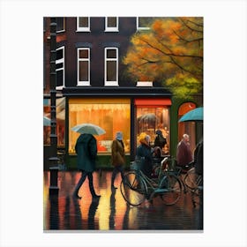 Amsterdam cafes, autumn, autumn oil colours, pastel colours, pedestrians in the street, winter clothes.1 Canvas Print