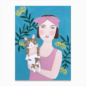 Woman In Pink Dress With Cat Canvas Print