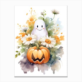 Cute Ghost With Pumpkins Halloween Watercolour 115 Canvas Print