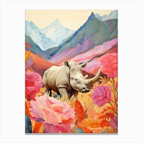 Patchwork Floral Rhino With Mountain In The Background 1 Canvas Print