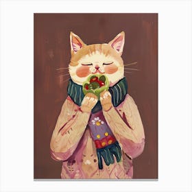 Cute Tan Cat Eating A Salad Folk Illustration 4 Canvas Print