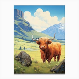 Brown Hairy Highland Cow In The Valley Canvas Print