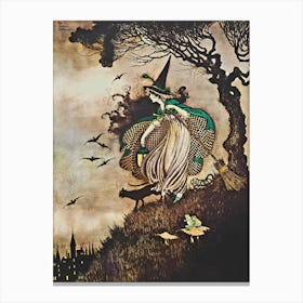 The Little Witch by Ida Rentoul Outhwaite - Remastered Illustration in Original Sepia and Colour - Green Witch With A Broomstick, Frog and Black Cat - Fairytale Vintage Victorian Witchcore Famous Witchy Cottagecore Fairycore Canvas Print