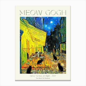 Meow Gogh Cat-a Terrace at Night 1888 Funny Cat Vintage Poster Fine Art Print Black Cats Meeting in France Wall Decor Cafe Terrace at Night in HD Canvas Print