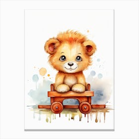 Baby Lion On A Toy Car, Watercolour Nursery 1 Canvas Print
