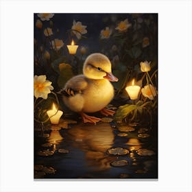 Duckling At Night With Fireflies 3 Canvas Print