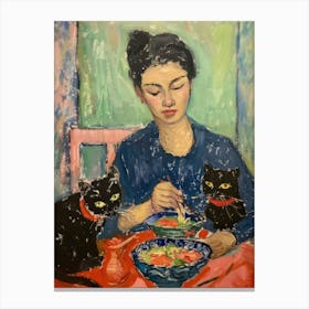 Portrait Of A Girl With Cats Eating Ramen 2 Canvas Print