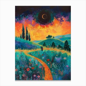 Poetic Countryside Landscape Under A Total Solar Eclipse, Warm Glowing Light Casts Over Trees, Flowers, And Rolling Hills Stampe su tela