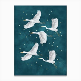Flying Crane Birds In A Starry Sky Canvas Print