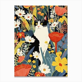 Black And White Cat In A Flower Garden Colours Canvas Print