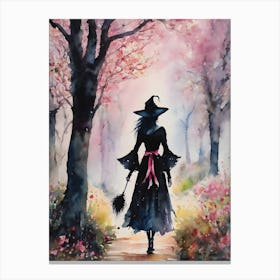 Sakura Witch ~ Witchy Walk in Spring Blossom Trees Woods Cute Japanese Witches Artwork Fairytale Pagan Cottagecore Witchcore Wicca Wiccan Witchcraft Watercolour Cherry Blossom Painting Spiritual Healing Strolling in Magical Enchanted Forest Pink Witch Canvas Print
