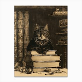 A Cat Resting On Ancient Books Sepia Etching Canvas Print