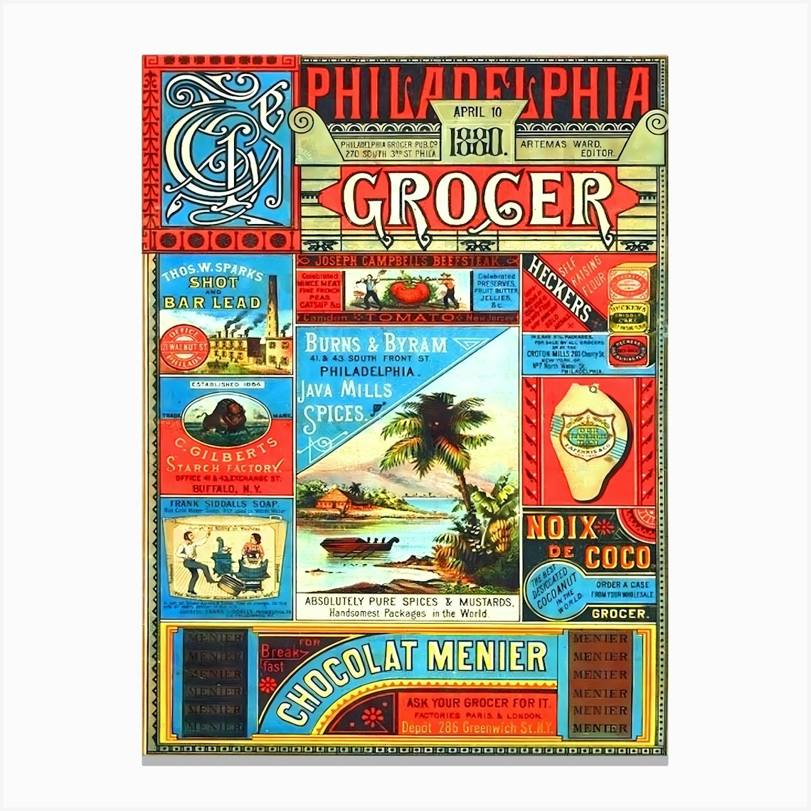 Philadelphia Grocery, Mosaic of Old Labels, Advertising Poster Canvas Print by Vintage Spirit