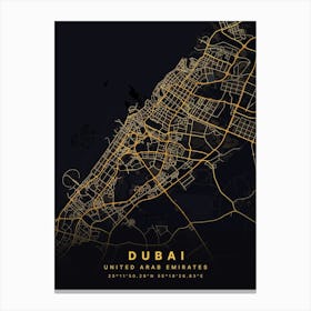 Dubai United Arab Emirates Black And Gold Map Canvas Print