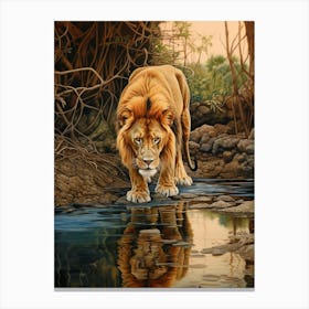 African Lion Drinking From A Stream Realistic 4 Canvas Print