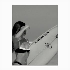 Woman Surfing Vintage Surf Black And White Beach Photography Canvas Print