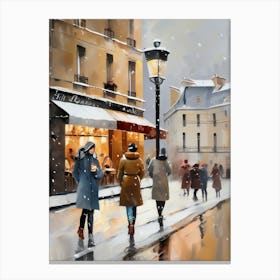 Paris cafes, winter season, Christmas, autumn oil colors, pale colors, pedestrians in the street, winter clothes, falling snow.Christmas decorations.7 2 Canvas Print