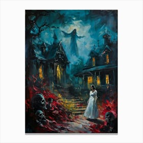 Showcasing A Startling Array Of Vintage Horror Art The Scene Unveils A Chaotic Amalgamation Of Thri Canvas Print