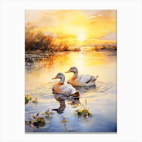 Ducks Swimming In The Lake At Sunset Watercolour 5 Canvas Print