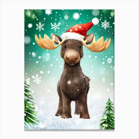 Baby Moose Surrounded By A Flurry Of Snowflakes With A Vibrant Red And Green Santa Hat Perched Ato Canvas Print