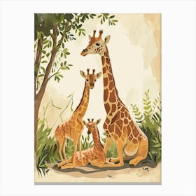 Herd Of Giraffes Resting Under The Tree Modern Illiustration 4 Canvas Print