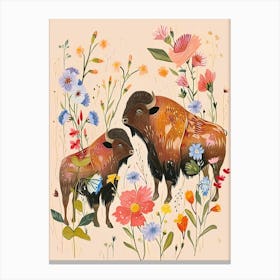 Folksy Floral Animal Drawing Bison 4 Canvas Print