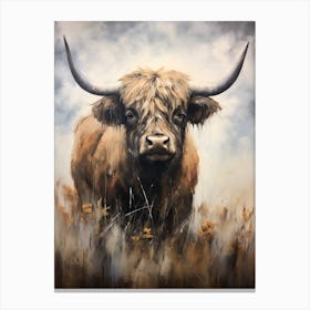 Dark Tones Impressionism Style Painting Of Highland Cows Canvas Print