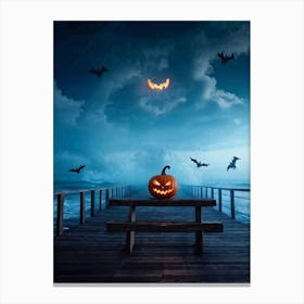 Halloween Themed Coastal Landscape During Dusk Featuring A Jack O Lantern With A Glowing Eye Perched (3) Canvas Print